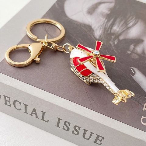 Alloy Helicopter Keychain With Rhinestone Inlaid Rotatable Propeller Enamel Bag Charm Metal Keyring Fashion Jewelry For Gift