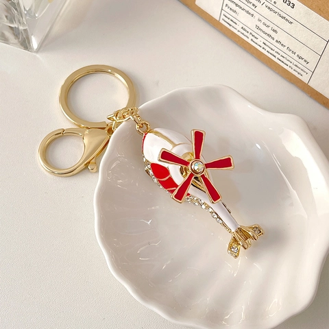 Alloy Helicopter Keychain With Rhinestone Inlaid Rotatable Propeller Enamel Bag Charm Metal Keyring Fashion Jewelry For Gift