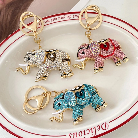 Creative Rhinestone Heart Elephant Keychain Alloy Animal Bag Charm Sparkling Crystal Key Ring Travel Souvenir Gift For Women