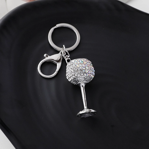 Silver Alloy Rhinestone Wine Glass Goblet Keychain Car Key Ring Bag Pendant Hanging Ornament Women Jewelry Gift