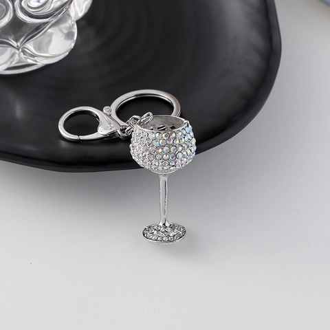 Silver Alloy Rhinestone Wine Glass Goblet Keychain Car Key Ring Bag Pendant Hanging Ornament Women Jewelry Gift