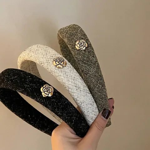 Vintage Blumen Gepolstertes Stirnband Für Damen Elegante Tweed Webstoff Haarreif Französischer Stil Mode Handgefertigter Haarschmuck