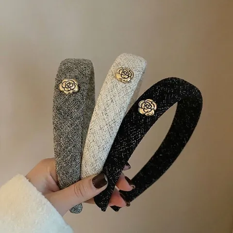 Vintage Blumen Gepolstertes Stirnband Für Damen Elegante Tweed Webstoff Haarreif Französischer Stil Mode Handgefertigter Haarschmuck
