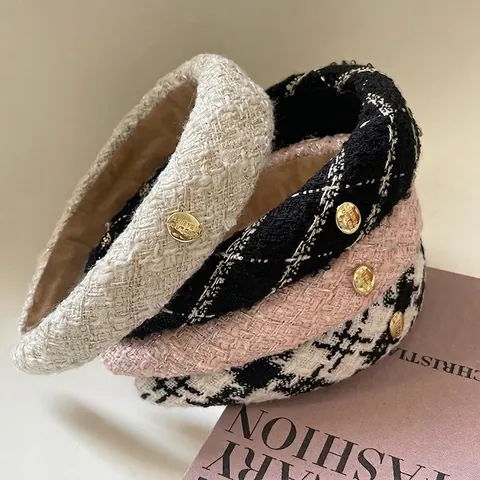 Französischer Vintage Tweed Schwamm Haarreif Für Damen Verdickter Karomuster Kopfband Gold Metallknopf Mode Haarschmuck