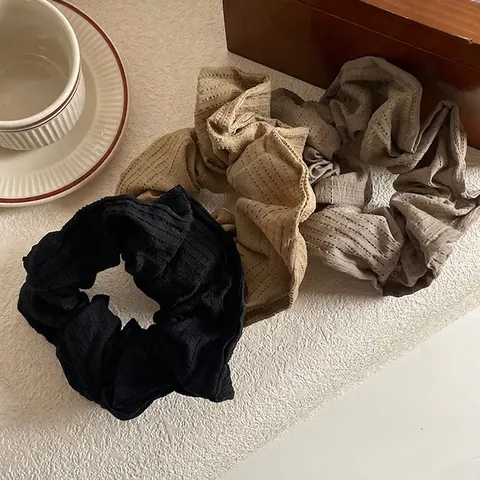 Vintage Pleated Hair Scrunchie Solid Color Ribbed Fabric Elastic Hair Band French Style Hair Accessories For Women Hair Tie