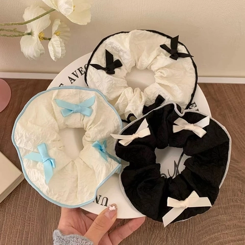 Franse Stijl Grote Scrunchie Met Strikken Contrast Piping Geplooide Stof Haar elastiek Elegante Haaraccessoires Voor Dames