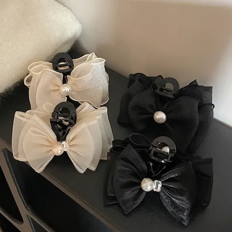 Elegante Große Organza Schleife Haarkralle Mit Künstlicher Künstliche Perle Strass Stoff Haarnadel Für Damen Mode Accessoires
