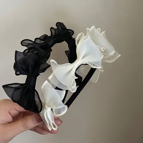 French Vintage Layered Mesh Bow Headband Elegant Organza Ruffle Hair Band Fashion Party Hair Accessories For Women