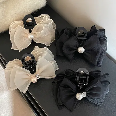 Elegante Große Organza Schleife Haarkralle Mit Künstlicher Künstliche Perle Strass Stoff Haarnadel Für Damen Mode Accessoires