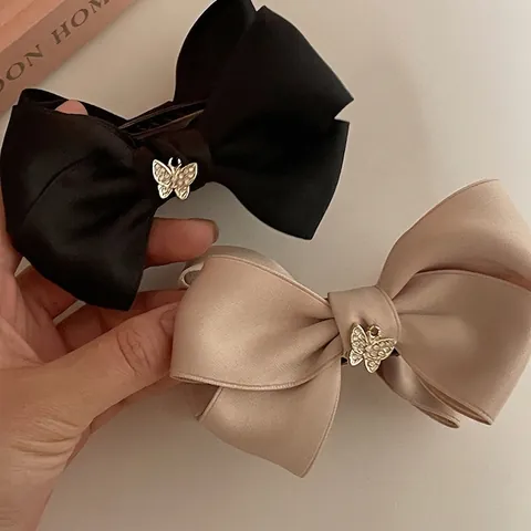 French Elegant Satin Bow Hair Clip With Rhinestone Butterfly Detail Large Hair Claw For Women Daily Banquet Hair Accessories