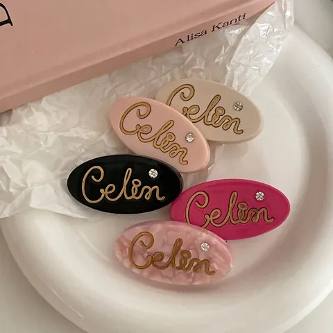 Fermaglio per Capelli in Acetato Ovale Retrò Francese Con Strass Lettere Celin Clip Laterale per Frangia Donna Accessori Moda Eleganti