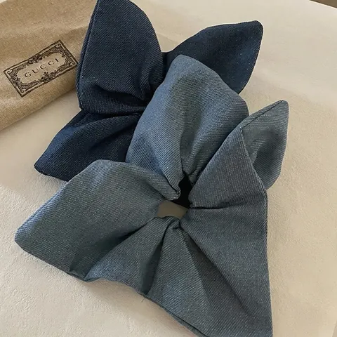 Vintage Übergröße Denim Schleife Scrunchie Für Damen Mode Handgefertigt Köper Stoff Haargummi Dunkelblau Haar Zubehör