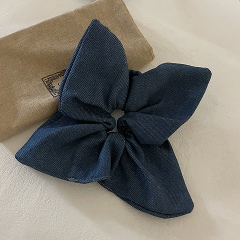 Vintage Übergröße Denim Schleife Scrunchie Für Damen Mode Handgefertigt Köper Stoff Haargummi Dunkelblau Haar Zubehör