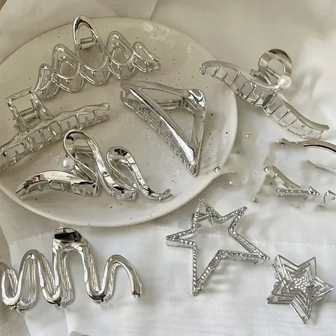 Grande Pinza per Capelli in Metallo Argento per Donna Lega Geometrica Clip a Squalo Accessori per Capelli Folti