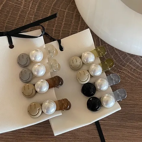 Pinza para el Pelo Estilo Coreano Dulce Acrílico Cara Sonriente Con Perla Artificial Color Gelatina Pinza de Pico de Pato