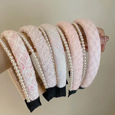 Elegante Cerchietto Doppio Strato Tweed Rosa a Quadri Con Perla Artificiale per Donna Accessori Capelli Stile Chic Francese Fascia Moda