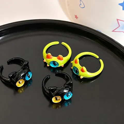 Funky Cartoon Monster Cat Acrylic Drip Oil Ring For Women Unique Personality Eye Design Adjustable Open Finger Ring Fashion Jewelry