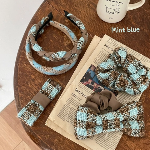 Frans Vintage Blauw Plaid Tweed Haarclips Voor Vrouwen Elegant Handgemaakt Strik Scrunchies Satijn Plaid Haaraccessoires Voor Dagelijks Gebruik