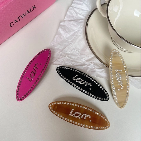 Molletta per Capelli Ovale in Acetato Vintage Francese Con Strass Intarsiato Motivo Lettere Accessori Capelli Donna