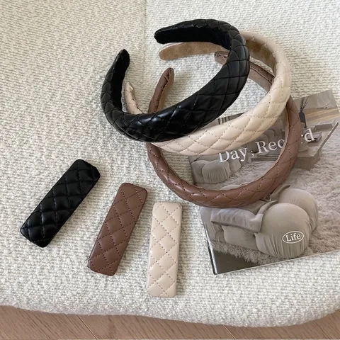 French Vintage Quilted Artificial Leather Hairband Elegant Solid Color Coffee Black Beige Headband Quilted BB Hair Clip Women Accessories