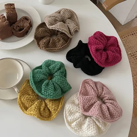 Handmade Knitted Scrunchie For Women Large Woolen Yarn Hair Tie Solid Color Crochet Ponytail Holder Elegant Soft Hair Accessories