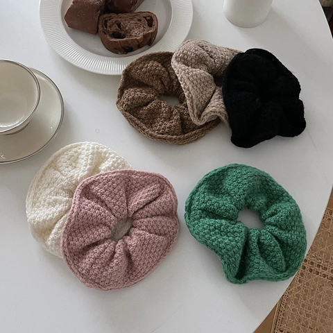 Handmade Knitted Scrunchie For Women Large Woolen Yarn Hair Tie Solid Color Crochet Ponytail Holder Elegant Soft Hair Accessories