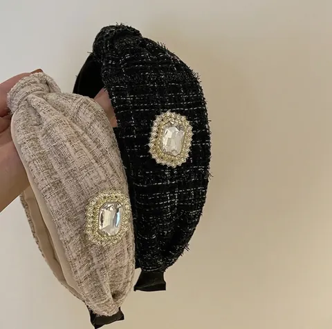 Serre-tête en Tweed Vintage Avec Strass pour Femme Élégant Bandeau à Cheveux Noué Large Style Français Accessoire de Coiffure en Cristal