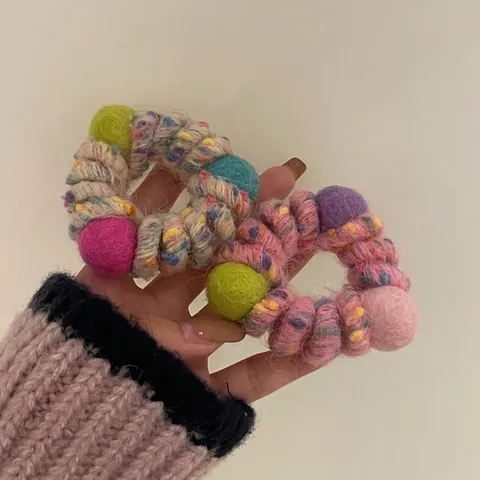 Handmade Knitted Yarn Hair Ties Colorful Plush Felt Balls Telephone Cord Hair Bands Sweet Scrunchies For Women Ponytail Holder