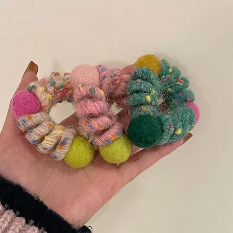 Handmade Knitted Yarn Hair Ties Colorful Plush Felt Balls Telephone Cord Hair Bands Sweet Scrunchies For Women Ponytail Holder