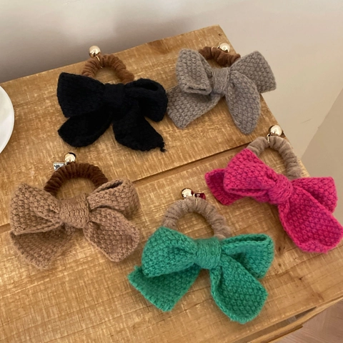 Knitted Bow Hair Ties With Gold Bead Plush Elastic Hair Bands Vintage Forest Style Hair Accessories For Women Girls