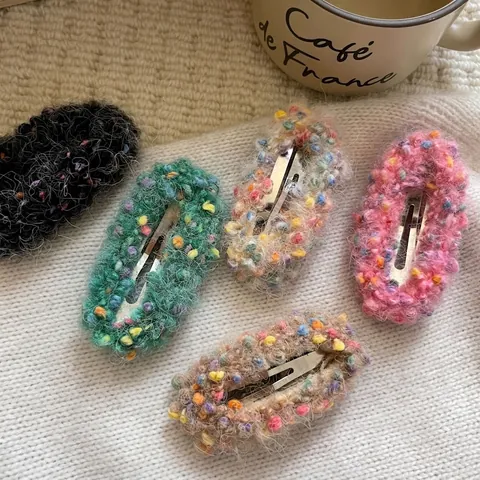 Pasador de Pelo BB de Lana Tejida Retro Con Lunares de Colores Clip Lateral Artesanal de Peluche para Mujer Accesorio de Otoño Invierno