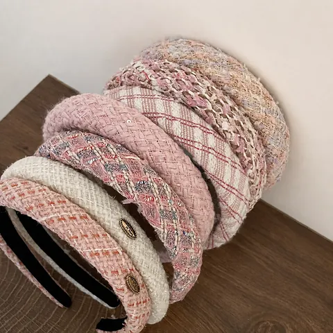 Sweet French Tweed Woven Headband Vintage Plaid Thick Sponge Hair Band Elegant Pink Black Hair Accessories For Women