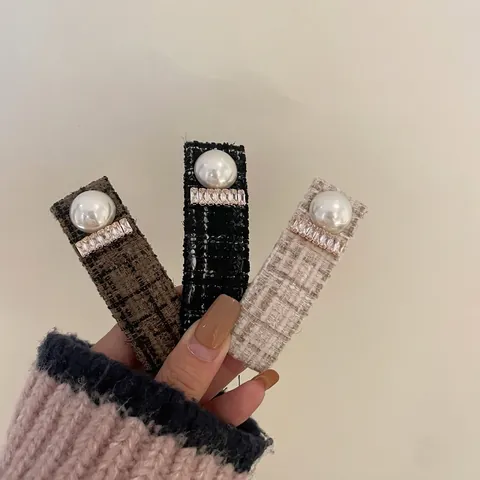 Elegante Tweed Stof Haarclip Met Kunstparel En Strass Luxe Geometrische BB-Clip Voor Vrouwen Mode Dagelijkse Hoofddeksels