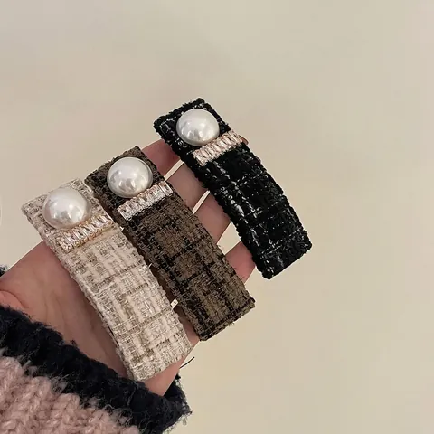 Elegante Tweed Stof Haarclip Met Kunstparel En Strass Luxe Geometrische BB-Clip Voor Vrouwen Mode Dagelijkse Hoofddeksels