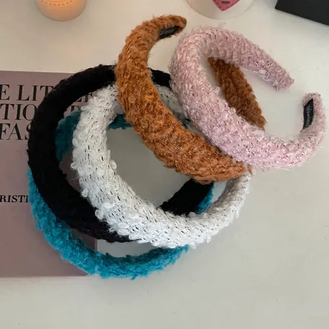 Sweet Plush Knitted Wool Sponge Thickened Headband Solid Color Handmade Teddy Fleece Hair Hoop For Women Hair Accessories