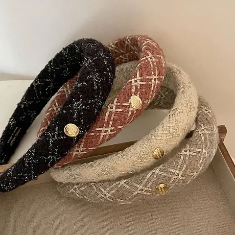Französisches Vintage Tweed Breit Haarband Für Damen High Top Gestreiftes Woll Haarband Mit Metallschnalle Elegant Haarschmuck