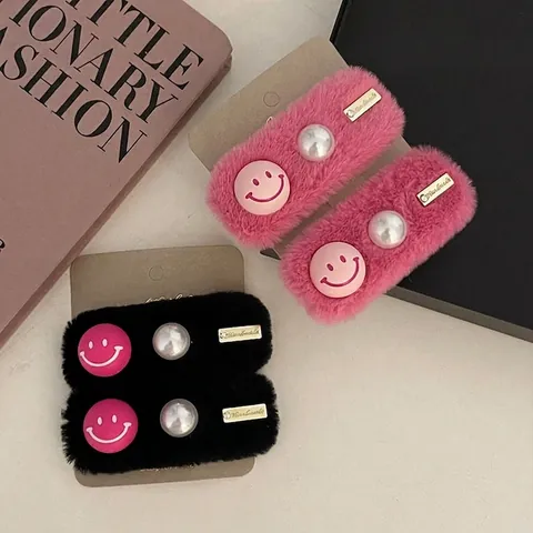 Linda Pinza para el Pelo de Felpa con Cara Sonriente Perla Artificial Rectángulo Barrette Estilo Coreano Horquilla para Mujer