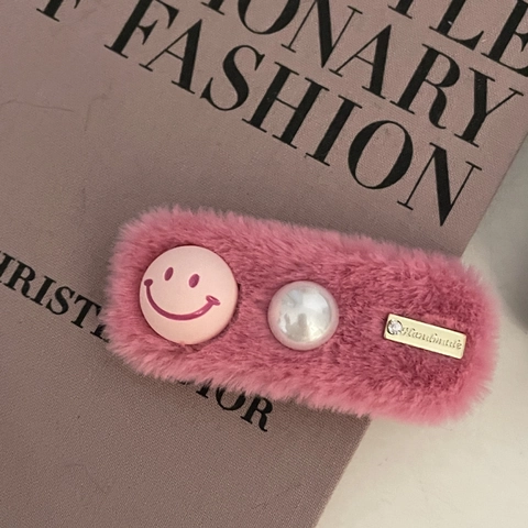 Linda Pinza para el Pelo de Felpa con Cara Sonriente Perla Artificial Rectángulo Barrette Estilo Coreano Horquilla para Mujer