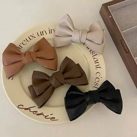 Vintage PU Leather Bow Hair Clip For Women Alligator Clip Elegant Solid Color Hair Accessories Daily Office Travel
