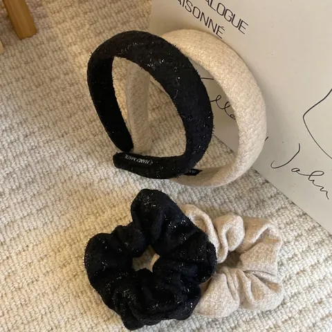 Französischer Stil Tweed Strick Gepolstertes Stirnband Und Pailletten Großes Haargummi Set Elegantes Haarschmuck Für Damen Schwarz Weiß