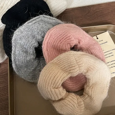 Coleteros de Hilo de Lana Tejidos Estilo Coreano para Mujer Otoño Invierno Aspecto Mohair Suave Hecho a Mano Accesorios para el Cabello