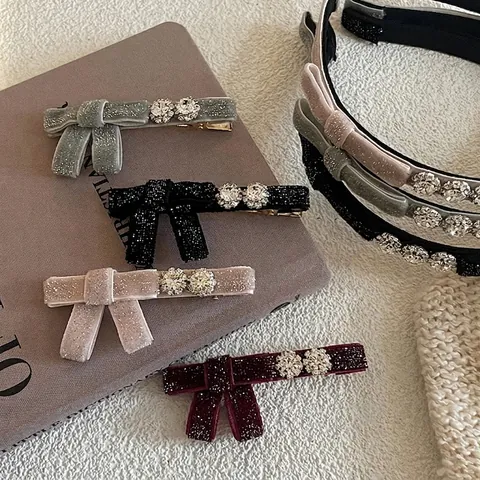 Serre-tête Nœud en Velours de Style Français Pince à Cheveux Nœud en Velours avec Strass Pince Latérale Bandeau Doux Accessoires de Coiffure à la Mode pour Femme