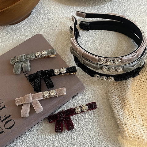 Serre-tête Nœud en Velours de Style Français Pince à Cheveux Nœud en Velours avec Strass Pince Latérale Bandeau Doux Accessoires de Coiffure à la Mode pour Femme