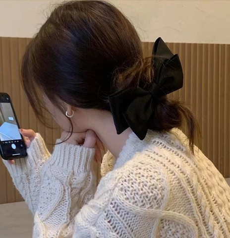 Oversized Satin Bow Scrunchie Solid Color Handmade High Elastic Hair Tie Elegant Women Fashion Accessories Headwear Daily Commute