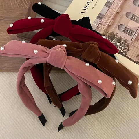 Cerchietto con Fiocco in Velluto Vintage Francese Perla Artificiale Fatto a Mano Elegante Accessorio per Capelli Retro