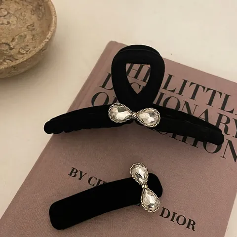 Elegante Fermaglio per Capelli con Fiocco in Velluto Francese per Donna Vintage Strass Nero BB Clip Gioielli per Capelli Fatti a Mano