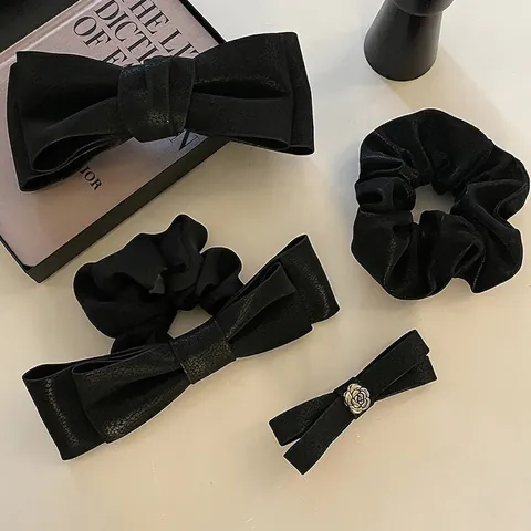 Vintage Schwarz PU Leder Schleife Haarclip Haargummi Für Damen Süße Metall Blume Haarklammer Elegante Haar Accessoires