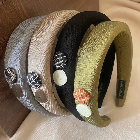 Cerchietto Largo Plissettato in Tessuto Vintage per Donna Ispessito Bottone Retro Fascia per Capelli Elegante Fatto a Mano Gioielli per Capelli