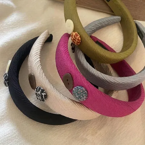 Cerchietto Largo Plissettato in Tessuto Vintage per Donna Ispessito Bottone Retro Fascia per Capelli Elegante Fatto a Mano Gioielli per Capelli