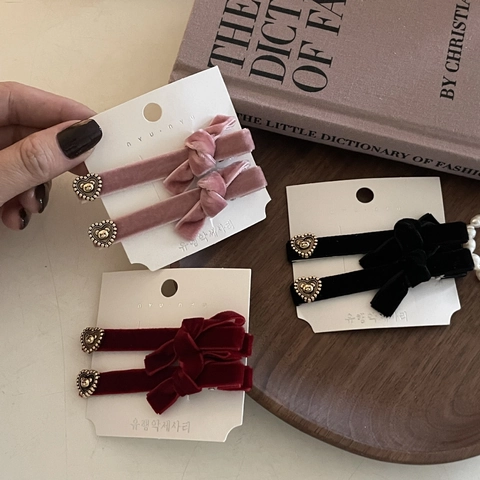 Franse Vintage Fluwelen Strik Haarspeldjes Met Goud Hart Beer Decor Zoete Eendenbek Clips Voor Vrouwen Meisjes Haaraccessoires